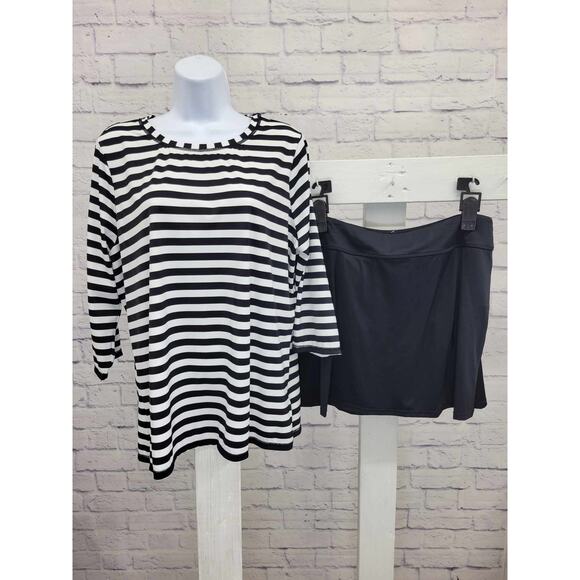 18W BLACK A473688 Denim & Co. Beach Crew Neck Rash Guard Tankini with Skirt - Picture 1 of 2